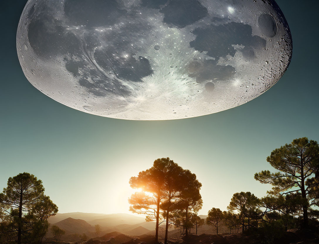 Surreal landscape with oversized moon, forest silhouette, and radiant sunrise