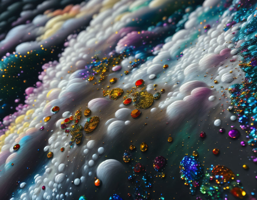 Vibrant macro shot of mixed paint with glossy bubbles and glitter swirls