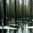 Snow-capped trees reflected in calm water amidst fog and soft sunlight in tranquil forest.