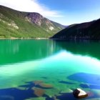 Tranquil lake with emerald waters, cliffs, and boat