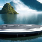 Circular futuristic building on serene ocean with lush green islets & sleek bridge-like structure.