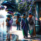 Four individuals in colorful cloaks and hats walking on cobblestone street