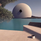 Giant spherical structure by tranquil blue sea and sandy shore