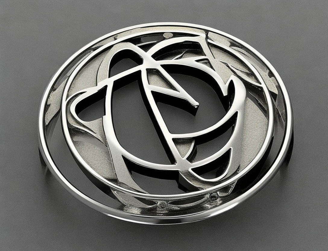 Circular Metallic Emblem with Leaf Design on Grey Background