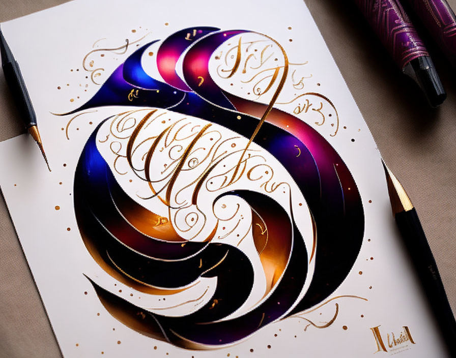 Ornate Calligraphy Artwork with Gold Accents and Dark Purple Script