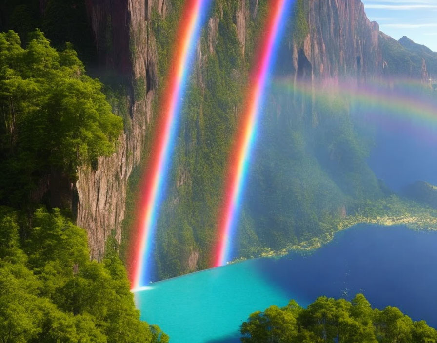 Double rainbow over lush mountain landscape with turquoise lake