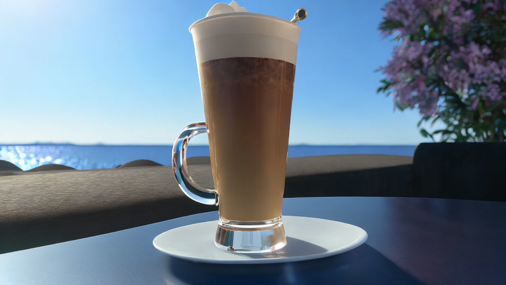 Layered Latte Macchiato on Saucer by Calm Blue Sea