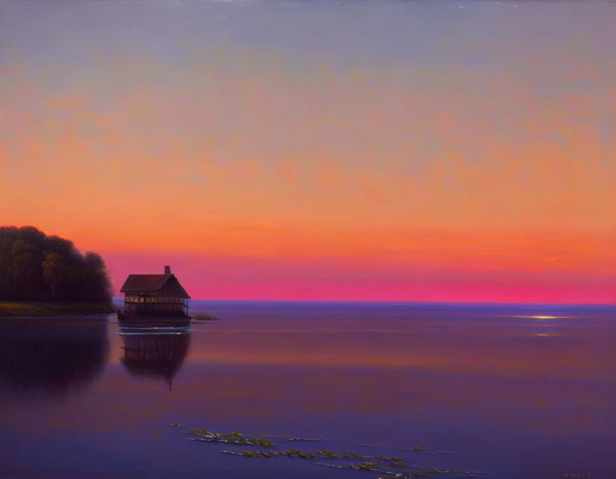 Tranquil twilight landscape with violet and pink sky over calm lake