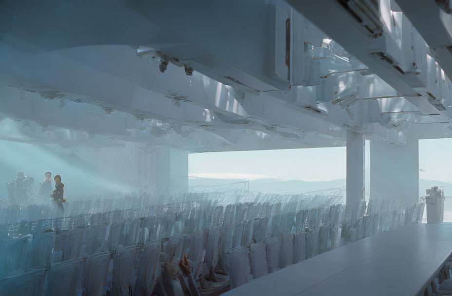 Blue-Tinted Auditorium with Clear Chairs and Silhouetted Figures