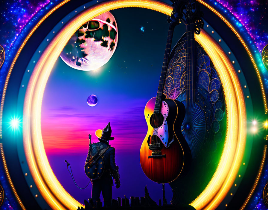 Colorful cosmic scene with illuminated guitar and person in hat under celestial bodies.