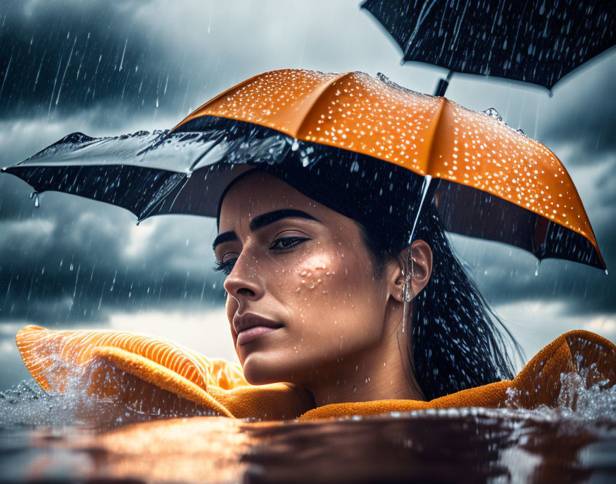 Woman with orange umbrella in rainy weather under dramatic cloudy sky