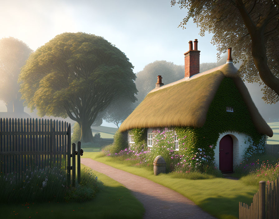 Thatched-Roof Cottage with Pink Door in Foggy Countryside