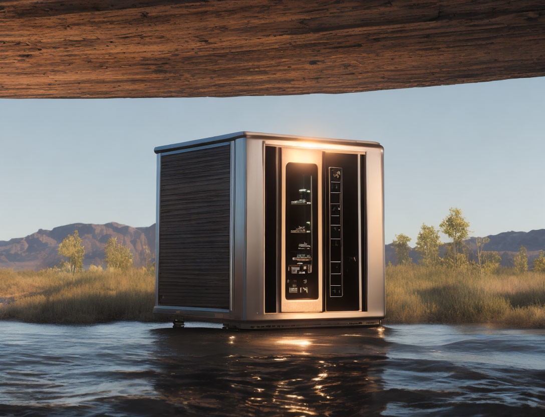 Refrigerator under rock overhang near water, mountain background