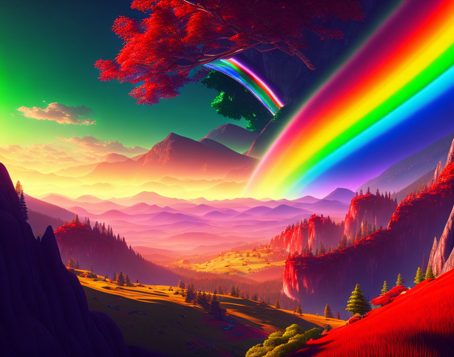 Colorful digital landscape with rainbow beam and sunset sky