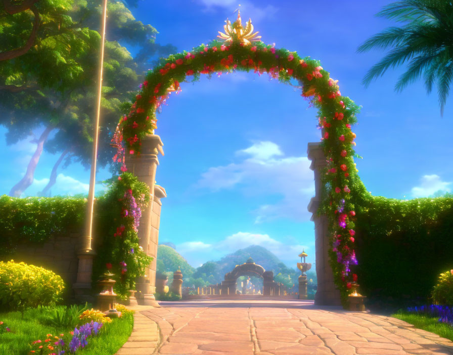 Sunlit archway with flowers leading to fairytale palace surrounded by manicured hedges and bright