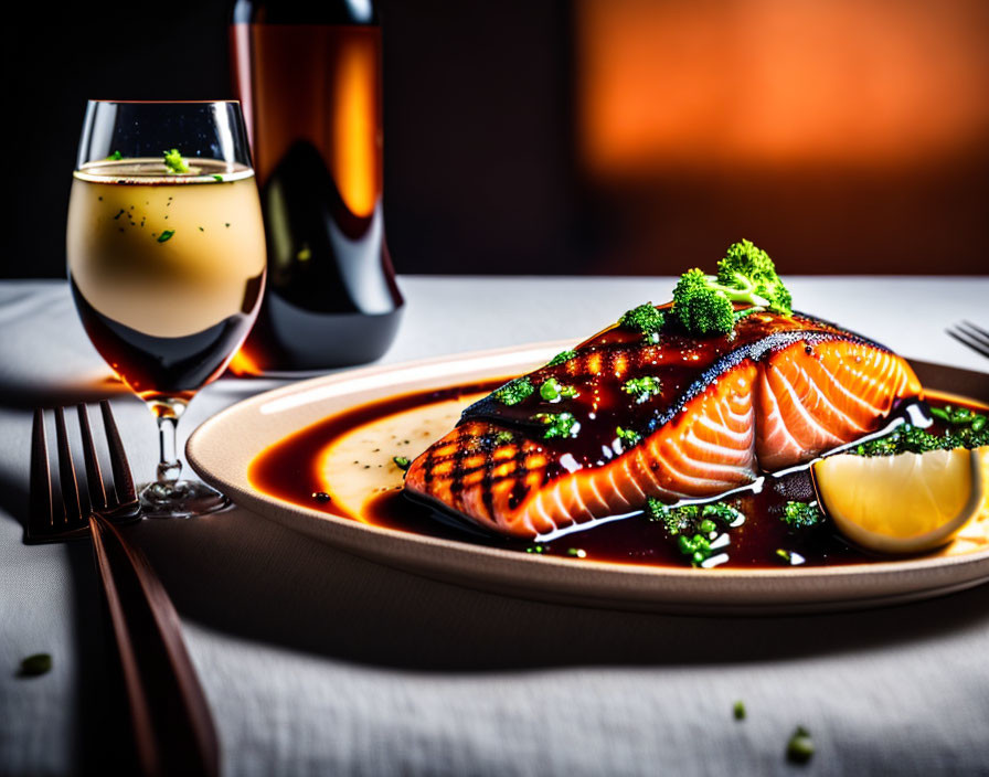 Fresh salmon fillet with sauce, herbs, and lemon on plate with white wine.