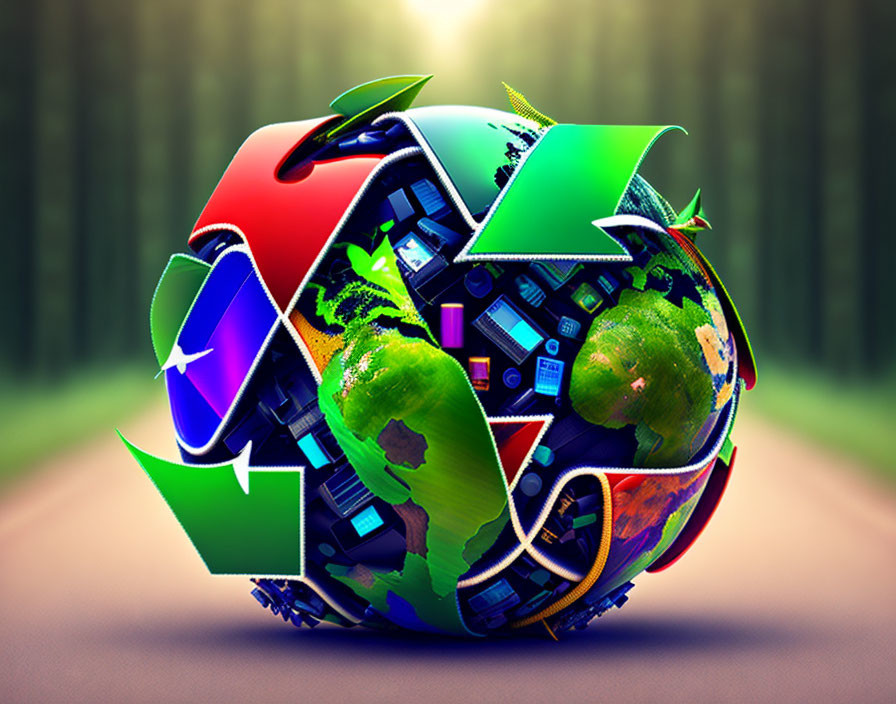 Colorful Globe with Recycling Symbols and Electronics for E-Waste Awareness