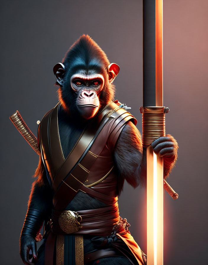 Anthropomorphic ape warrior with glowing sword illustration