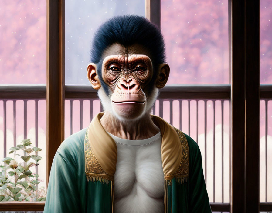 Digital artwork: Monkey with human-like features in stylish jacket gazing out window with pink blossoms.