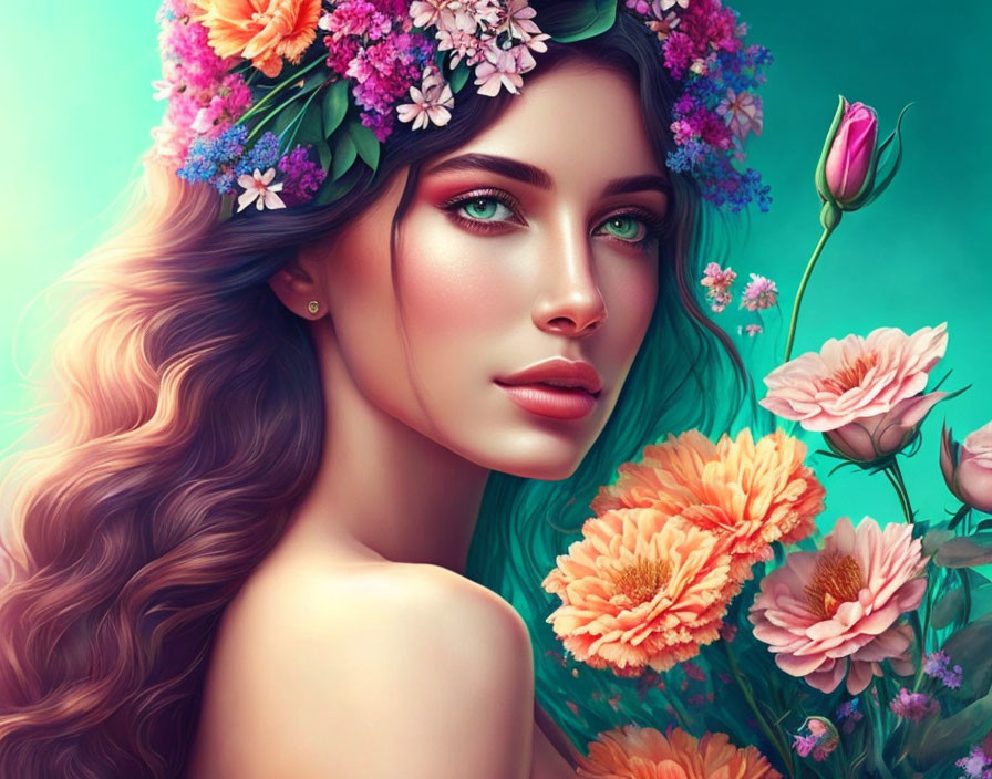 Woman with flowing hair and floral crown amid vibrant flowers in soft hues