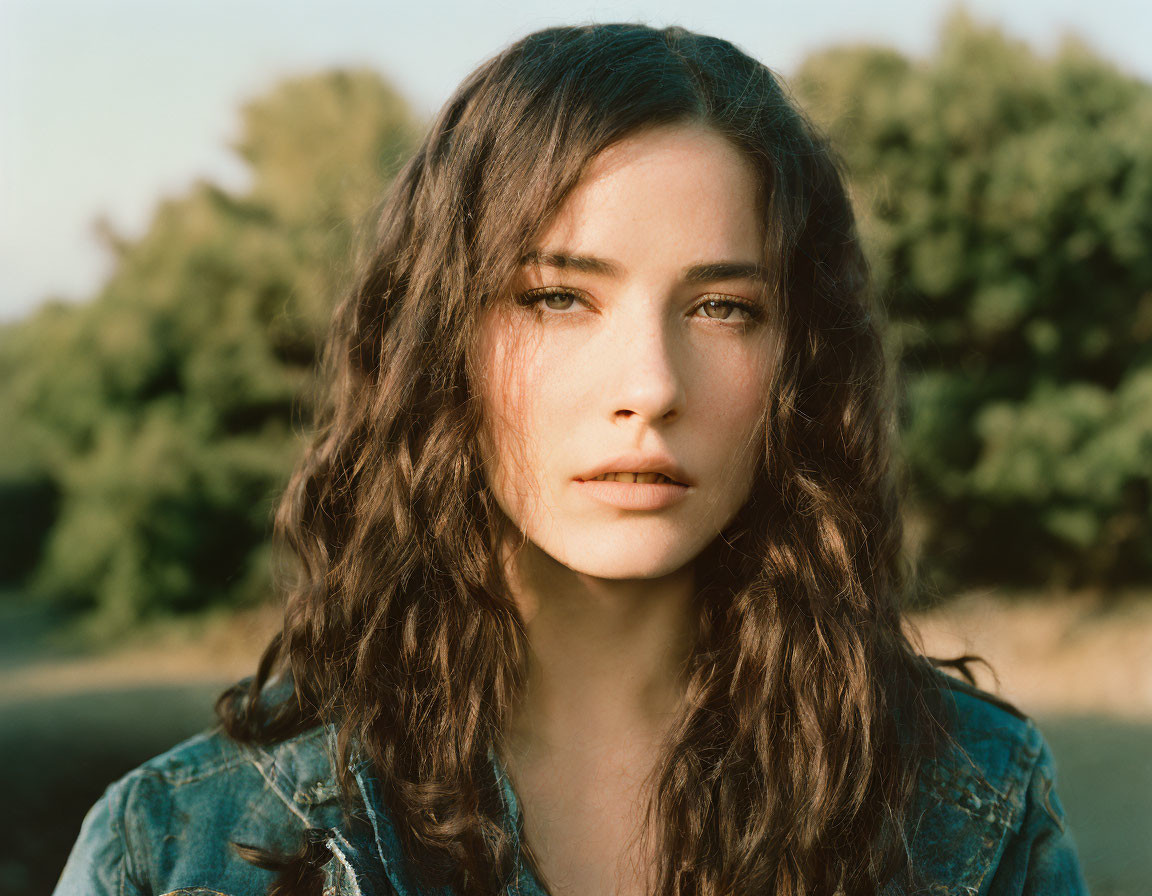 Long, Curly-Haired Woman Gazing into Camera with Sunlight and Greenery