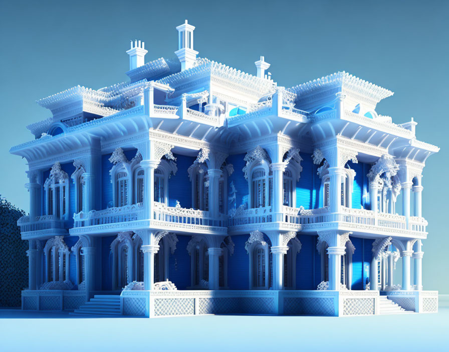 Elaborate Blue Victorian Mansion Digital Rendering