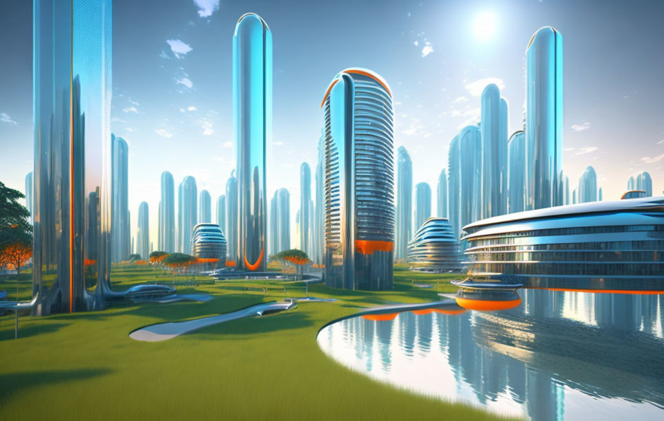 Sleek skyscrapers and green parks in futuristic cityscape