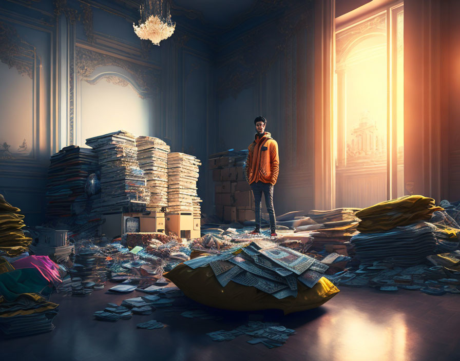 Person in Orange Hoodie Surrounded by Documents and Money in Classic Architecture Room