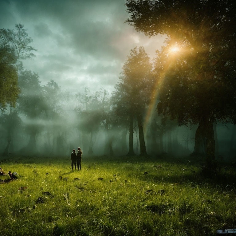 Misty forest clearing with two people under sunlit rays