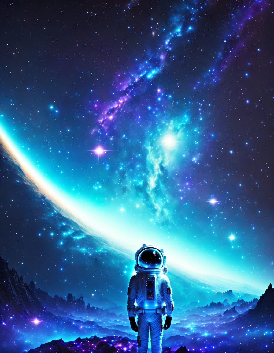 Astronaut on rocky alien surface under vivid nebula and stars