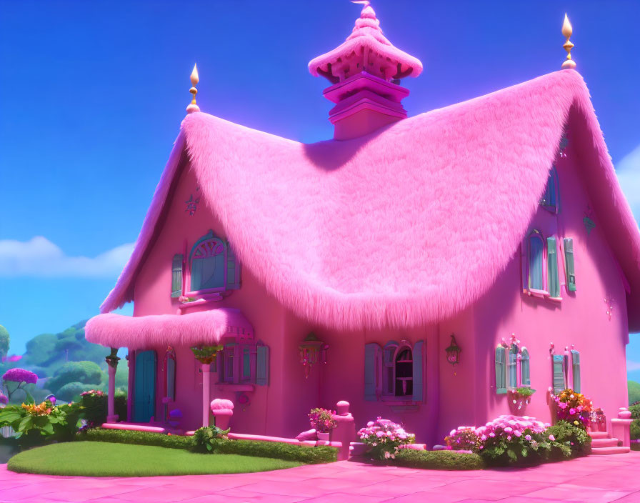 Whimsical pink cartoon house in vibrant landscape