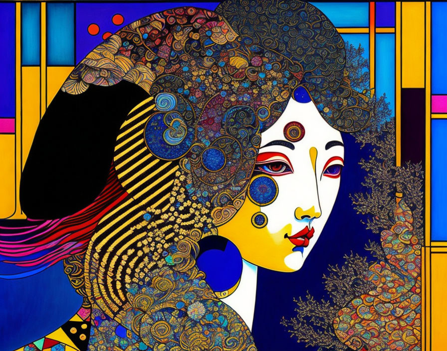 Colorful stylized portrait of a female figure with intricate patterns and bold colors against a stained glass backdrop