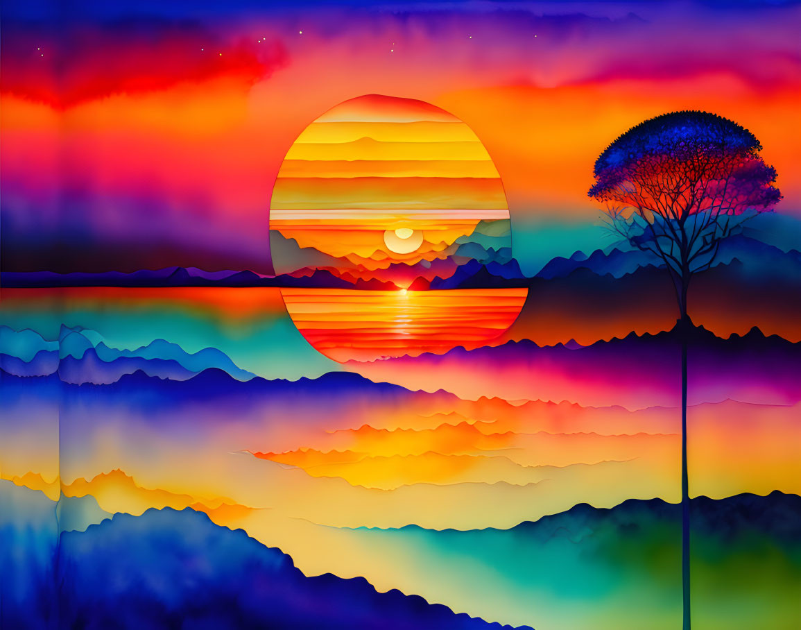 Vibrant digital artwork: Sunset with blue and orange hills, sun, tree.