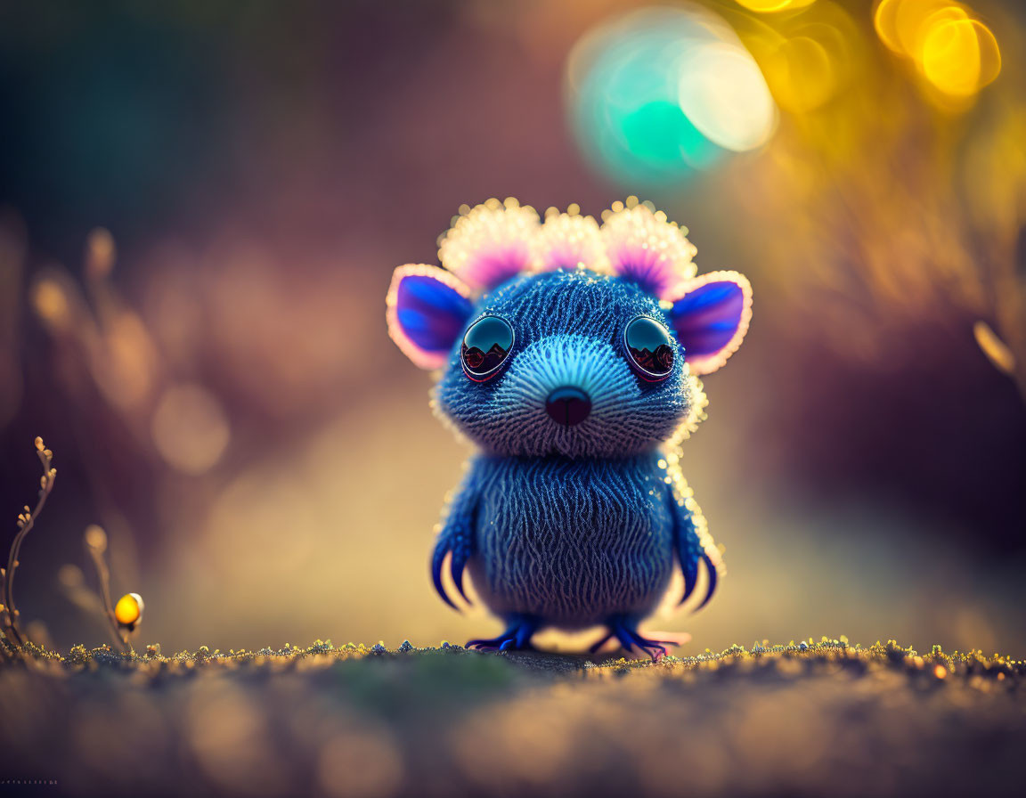 Glittery plush toy mouse with bokeh lights in enchanted setting