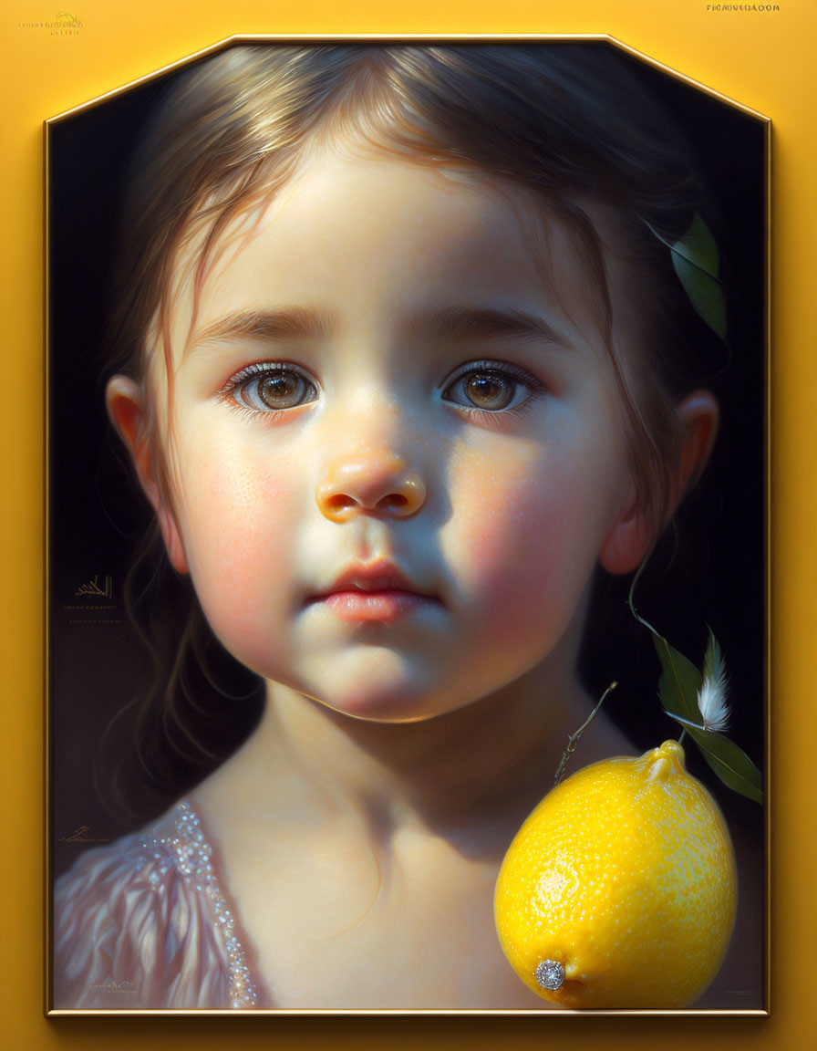 Young girl portrait with expressive eyes and lemon earring in soft light.