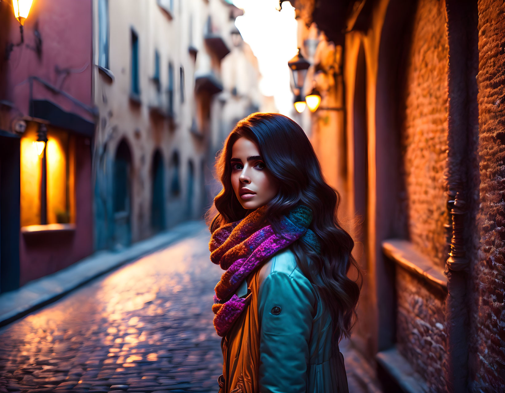 Long-haired woman in colorful scarf standing in warm-lit alley