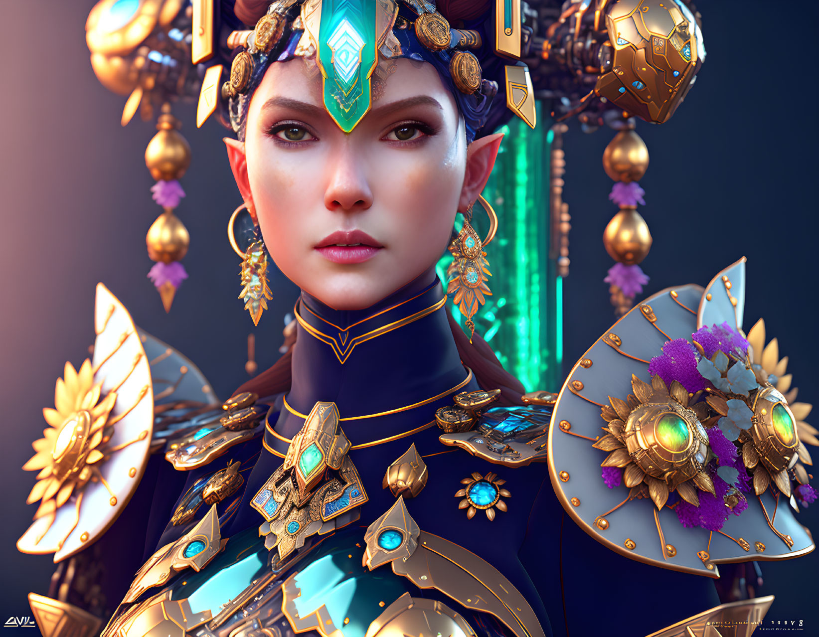 Female character with golden headgear and armor in digital artwork