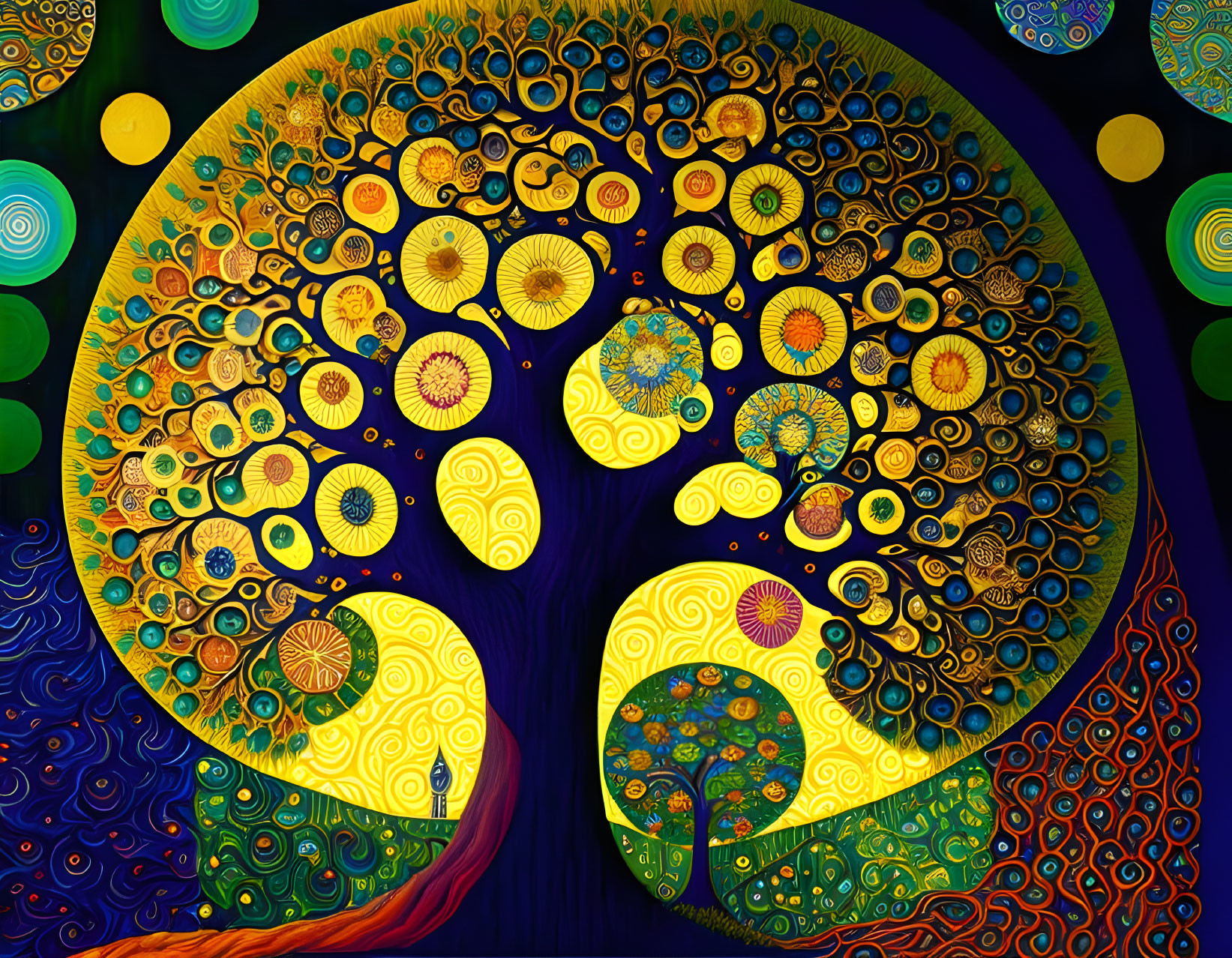 Colorful Stylized Tree with Swirling Patterns on Dark Background