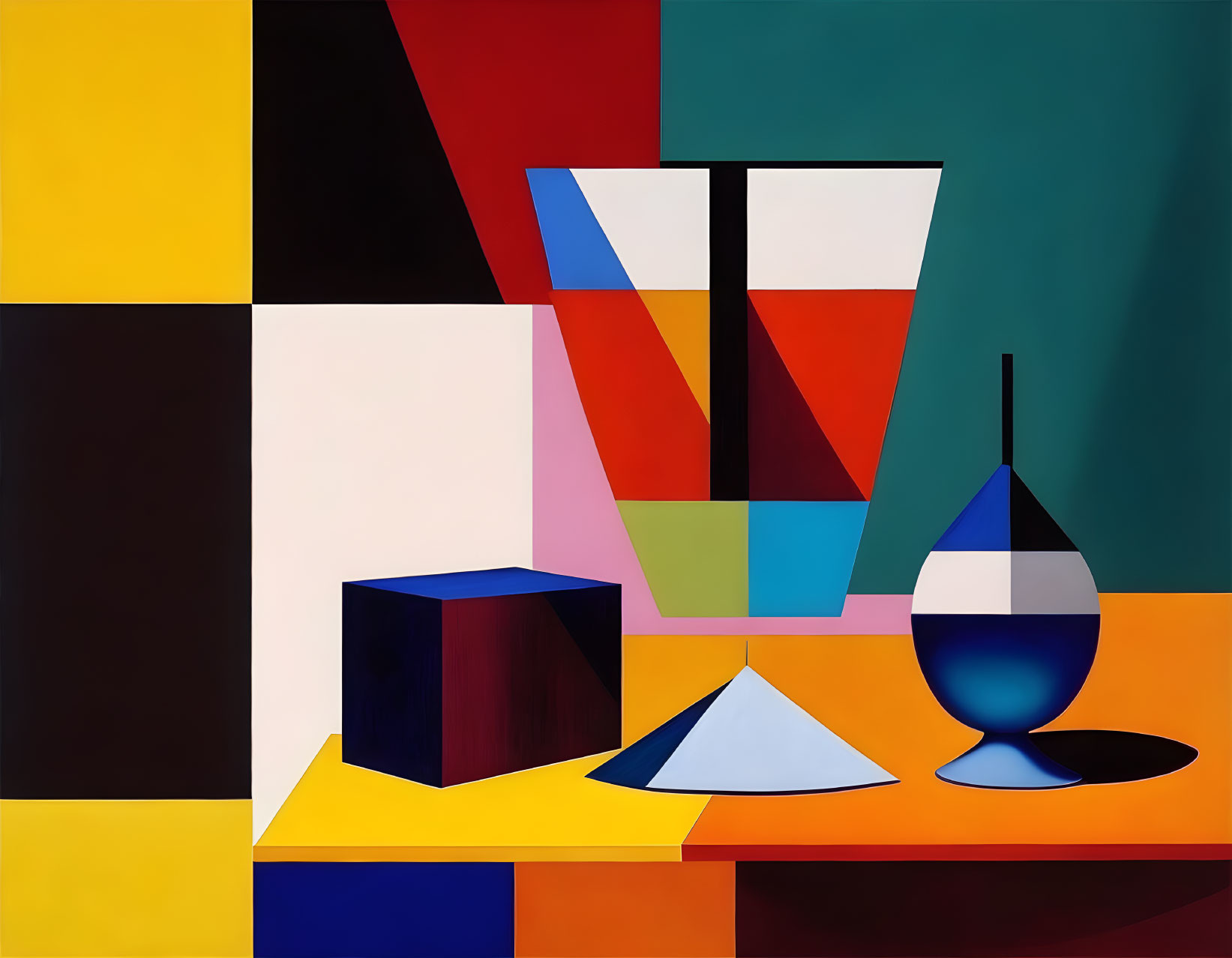 Geometric abstract painting: tabletop with cube, cone, vases, vibrant multicolored background