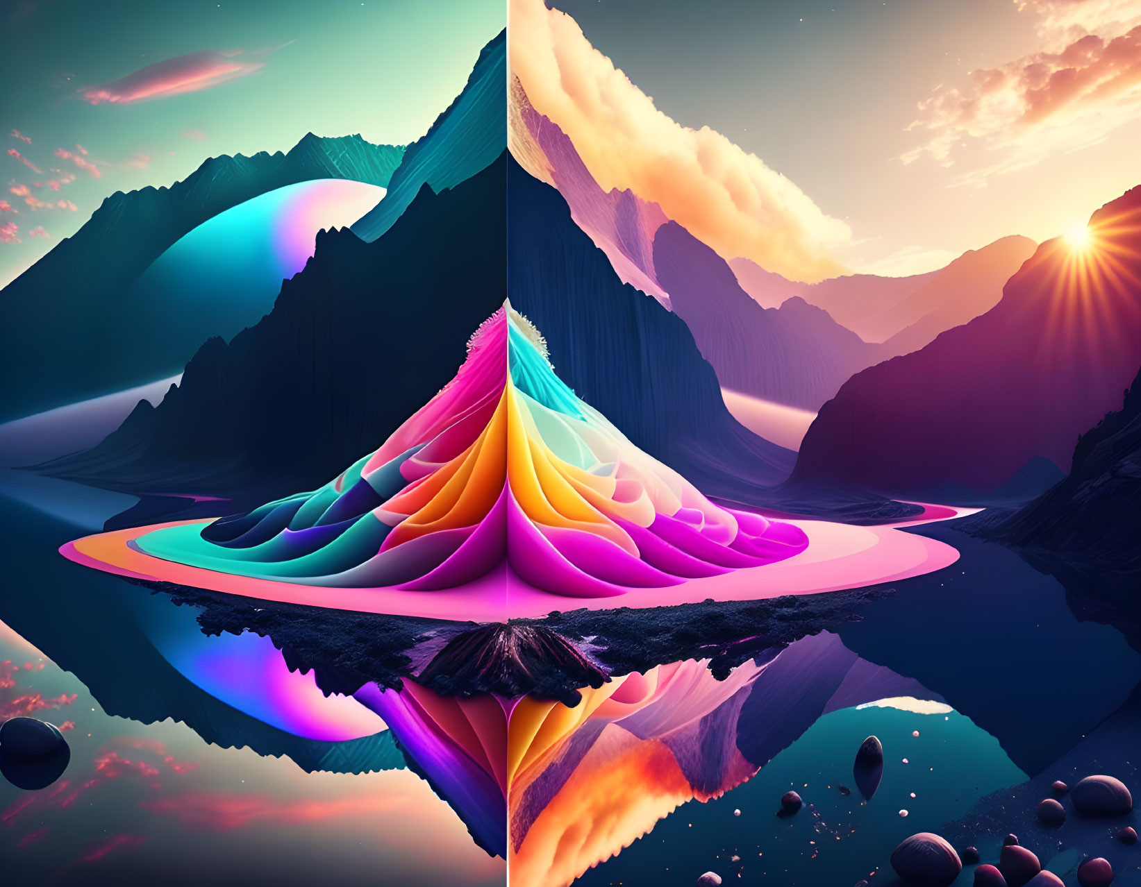 Colorful symmetrical landscape with abstract mountains and mirrored water at sunrise or sunset