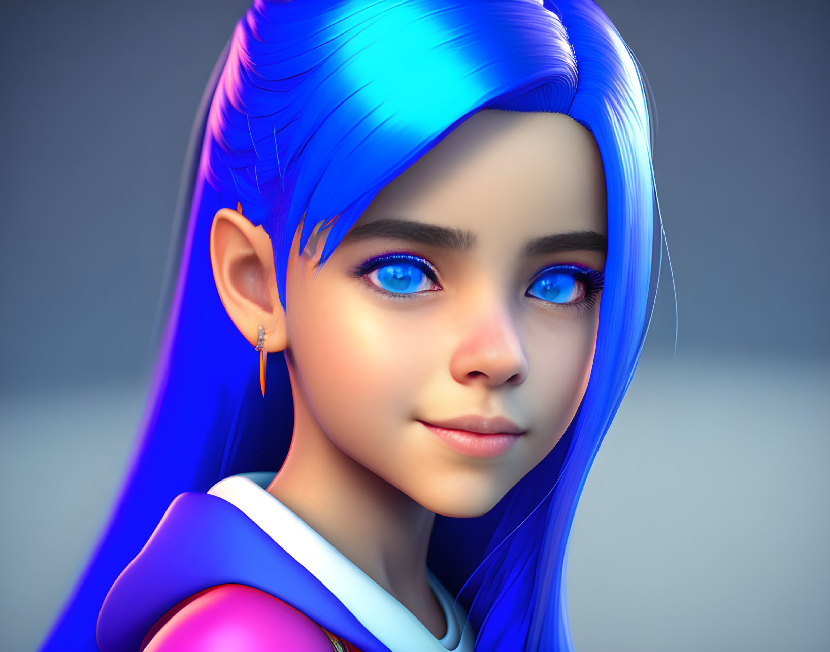 Character with Bright Blue Hair and Eyes on Grey Background