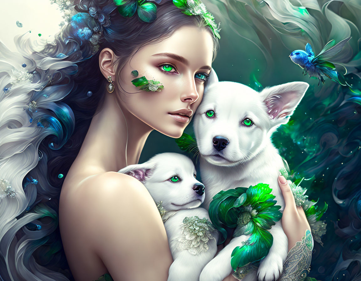 Woman with Floral Adornments Holding White Puppies in Nature Scene