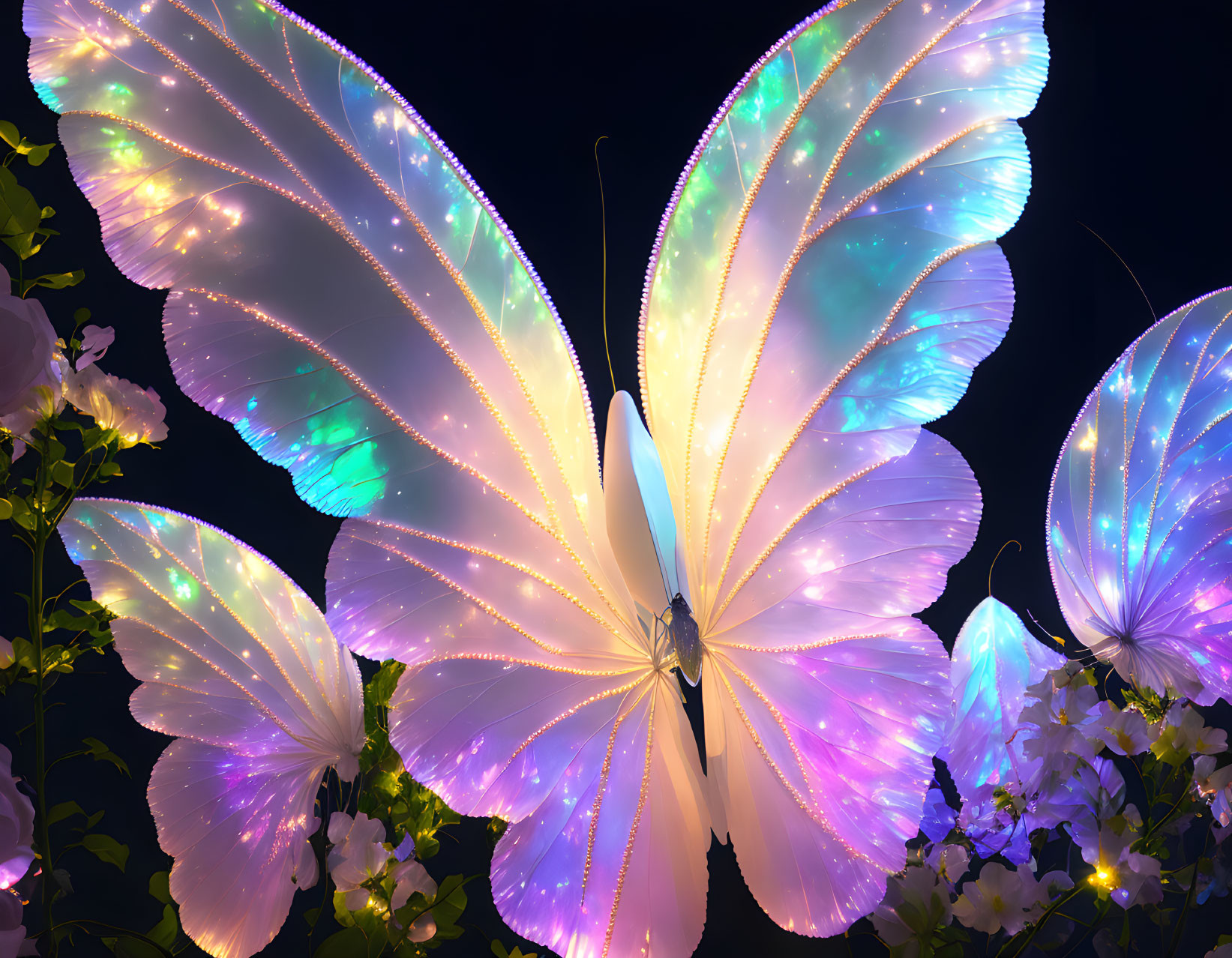 Large-scale Butterfly Sculptures with Neon Lighting and Flowers on Dark Background