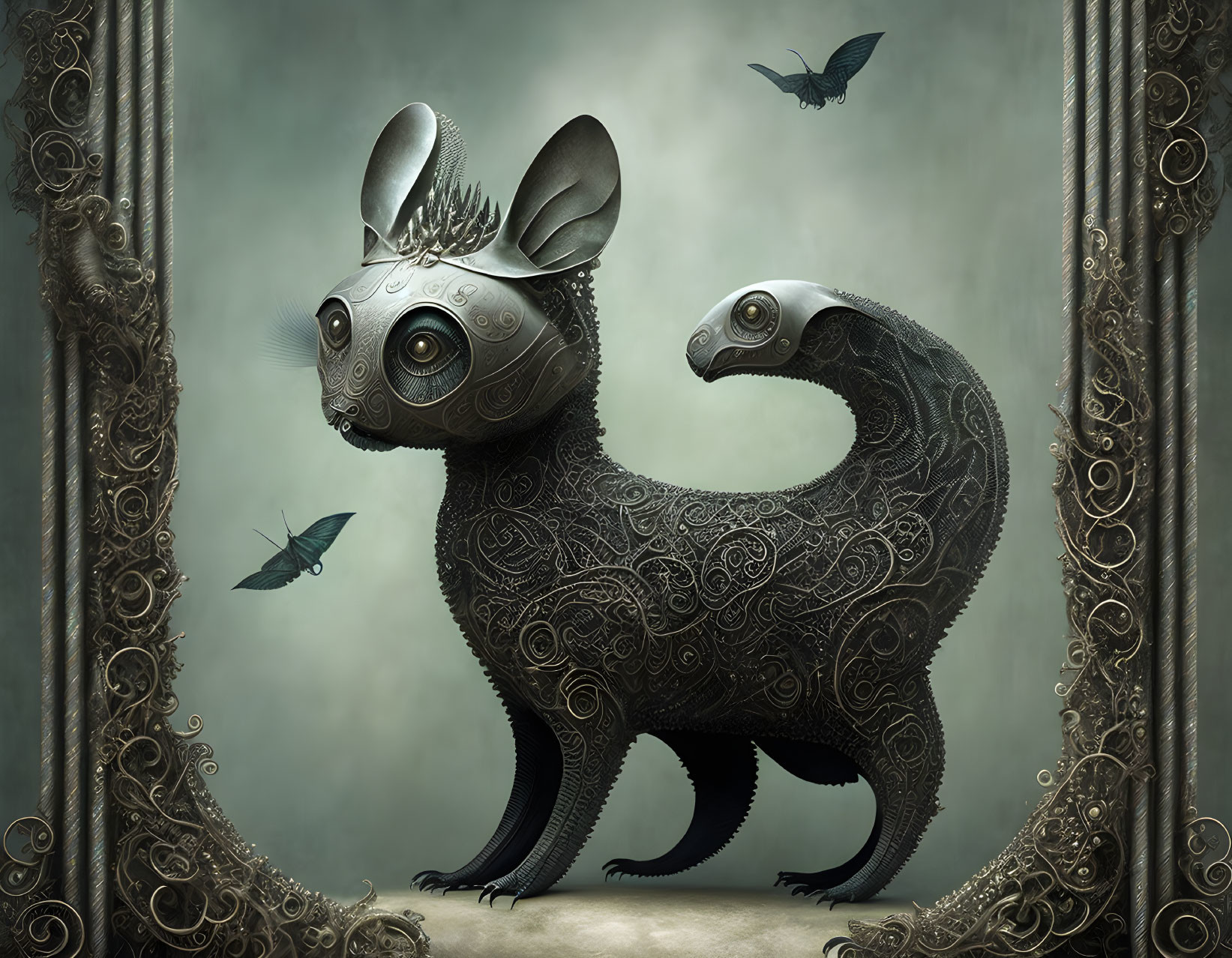 Dual-headed creature with mouse and bird features in surreal artwork