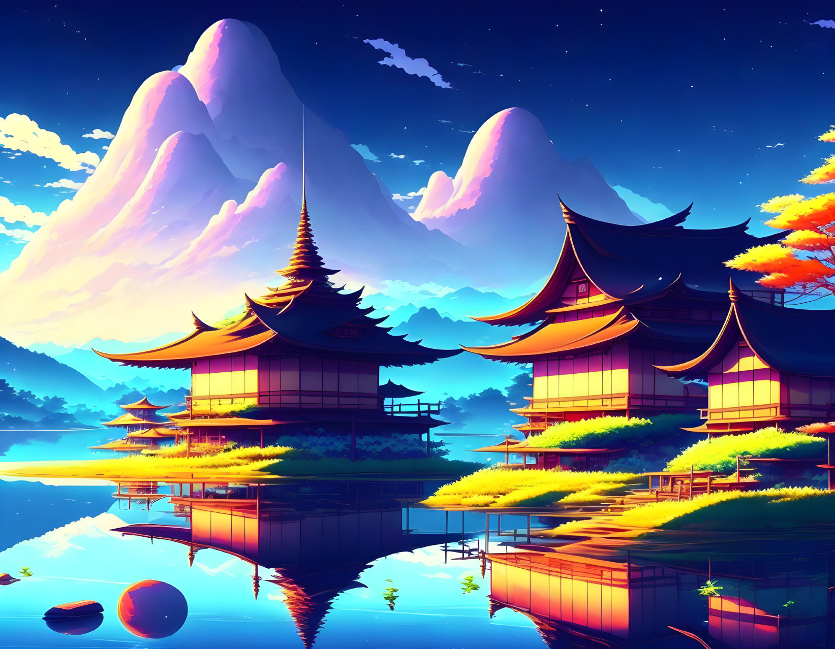 Traditional Asian pagoda buildings by serene lake, mountains, sunset.