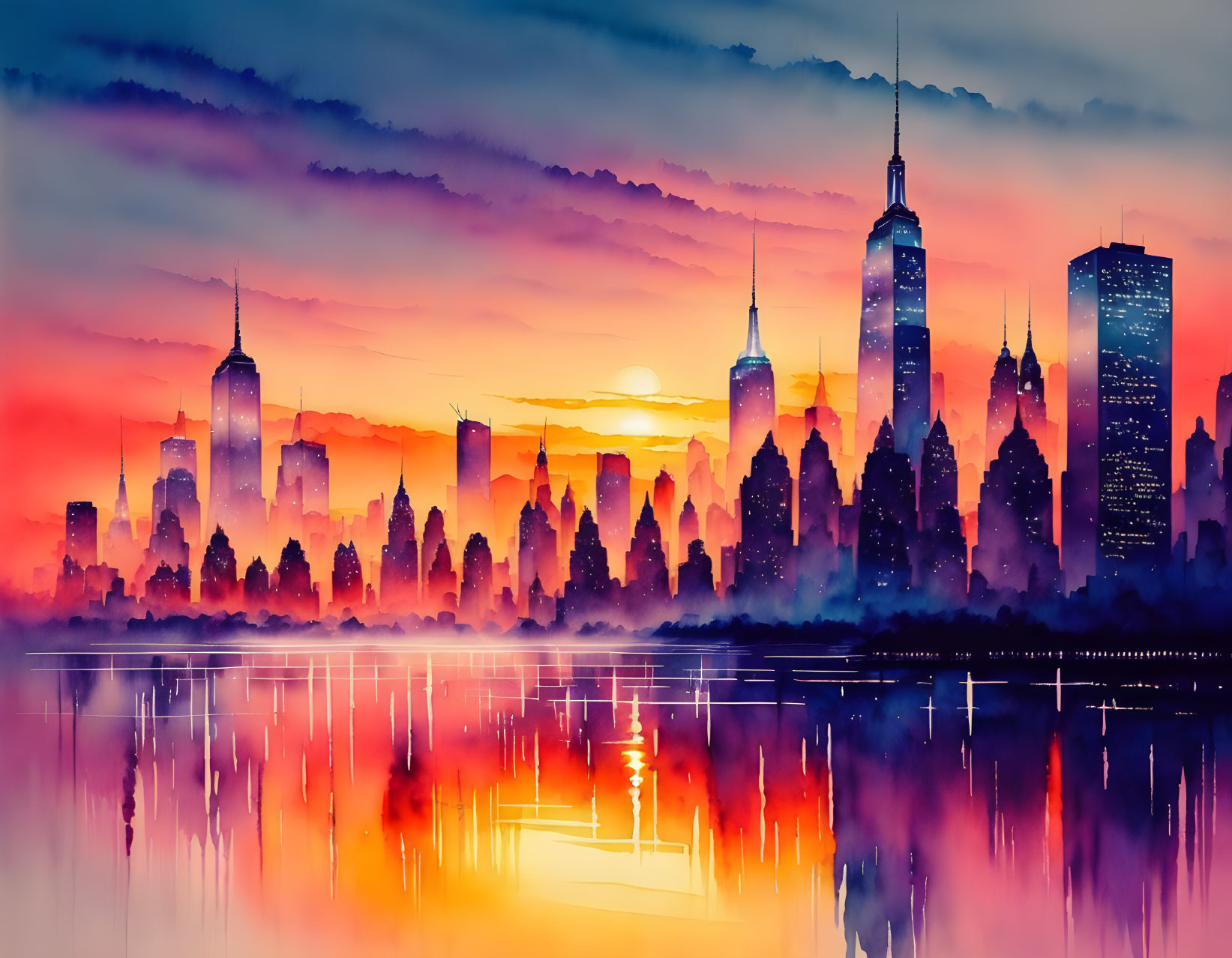 City skyline watercolor illustration: sunset reflections, warm to cool hues