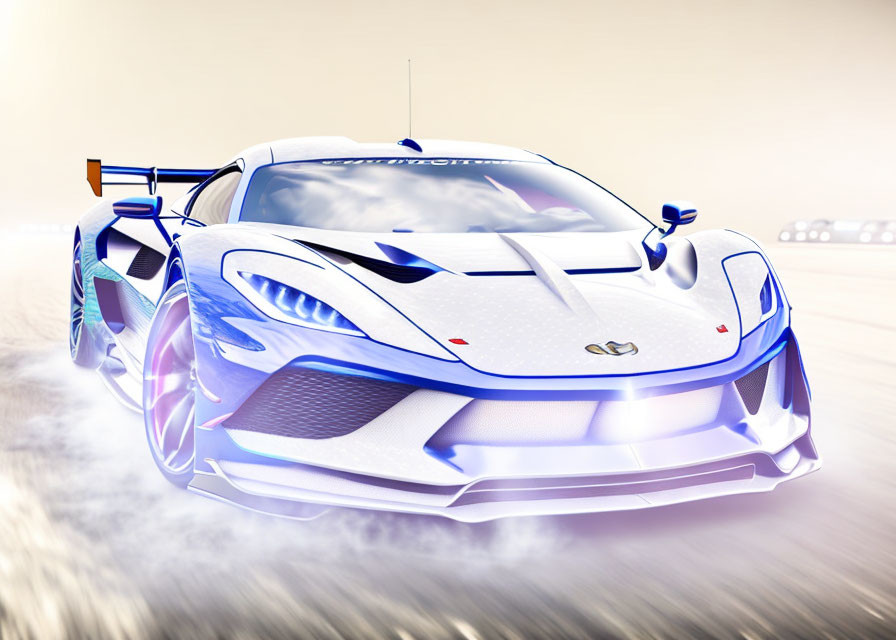 White and Blue Aerodynamic Sports Car in Motion