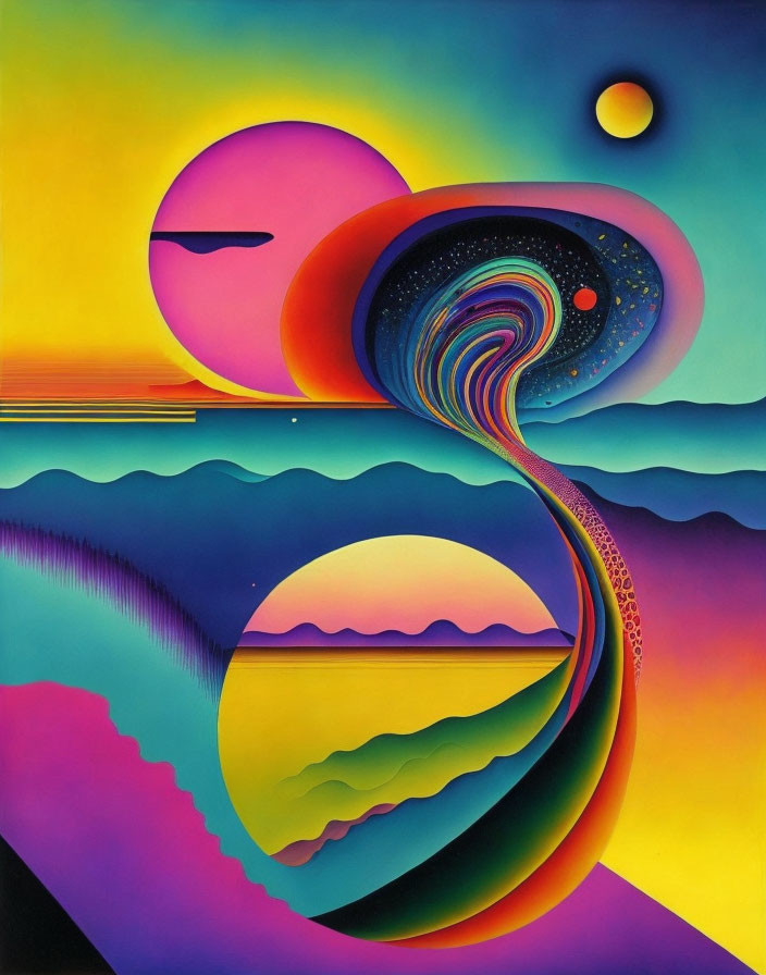 Colorful Abstract Artwork with Fluid Shapes and Celestial Elements