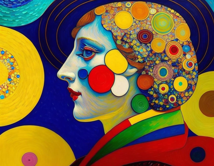 Colorful portrait of a woman with swirling patterns and bright colors