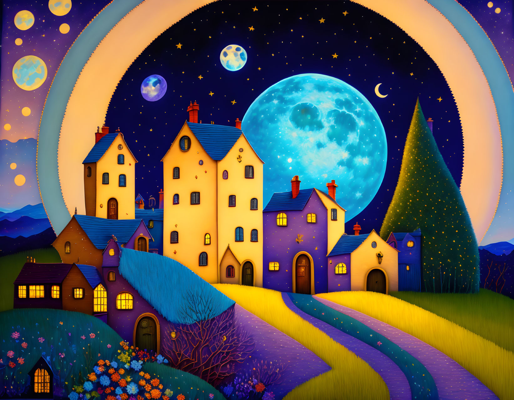 Colorful village illustration: vibrant houses, blue moon, stars, planets, rolling hills at night